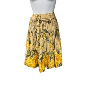 Ann Taylor LOFT Womens Skirt Size 12 Beige Yellow Floral Pleats Tie Waist Cotton